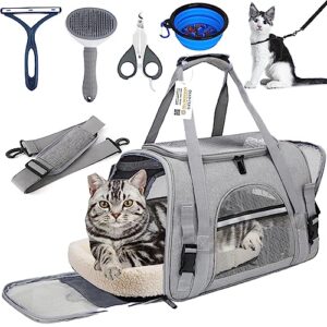 pet carrier,cat carrier bag airline approved dog carriers for small dogs,medium,small cats,travel carrier comfort portable pet bag for cats with harness,nail clippers,hair removal brush,foldable bowl