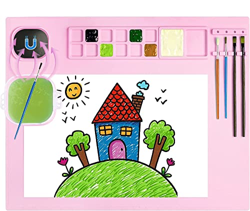 Silicone Painting Mat, Art Mat with Cup, Craft Paint Brush Cleaner Tool, Artist for Kids Gift Clay DIY Creations (Pink)