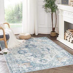 collact area rug 4x6 vintage rug indoor floor cover print distressed carpet blue thin rug chenille mat foldable accent rug lightweight for kitchen bathroom living room bedroom dining room