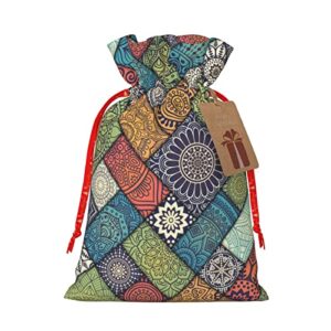 drawstrings christmas gift bags diagonal-floral-tiles presents wrapping bags xmas gift wrapping sacks pouches medium