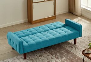 melpomene futon sofa convertible couch bed, modern button tufted linen folding sofa sleeper with wood legs for living room bedroom,blue
