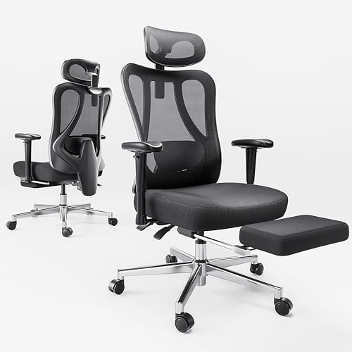 Hbada Ergonomic Office Chair with 2D Adjustable Armrest, Office Chair with 2D Adjustable Lumbar Support, Computer Chair with Tilt Function, Desk Chair with Footrest Black