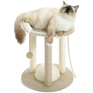 made4pets cat scratching posts for indoor cats, small kitten scratcher toy with dangling ball, sisal ropes nail file scratch pole, cute cat tree with top perch lounger for kitty