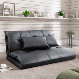 angel sar adjustable floor sofa bed, pu futon lazy sofa, folding couch, gaming sofa with 2 pillows for living room, bedroom, black