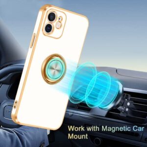 Fingic iPhone 12 Case with 360° Rotatable Ring Holder Magnetic Kickstand, Shiny Plating Gold Edge, Slim Soft TPU Shockproof Protective Cover for Women, Men, White