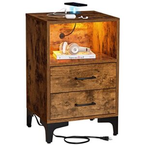 lyncohome nightstand with wireless charging station and led lights, modern end table with 2 drawers and open storage for bedroom, brown