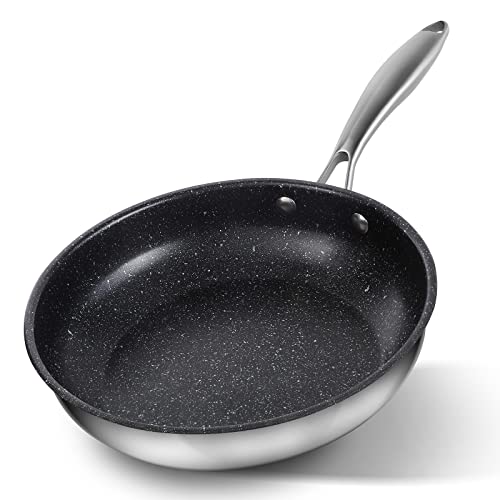 Kseroo 9.5 inch Nonstick Frying Pan Skillet, Stainless Steel Frying Pan, Granite Stone Coating Omelet Pan Egg Pan, Healthy & Safe Cookware Chef Pan, PFOA PFAS Free, Stainless Steel Handle, Oven Safe