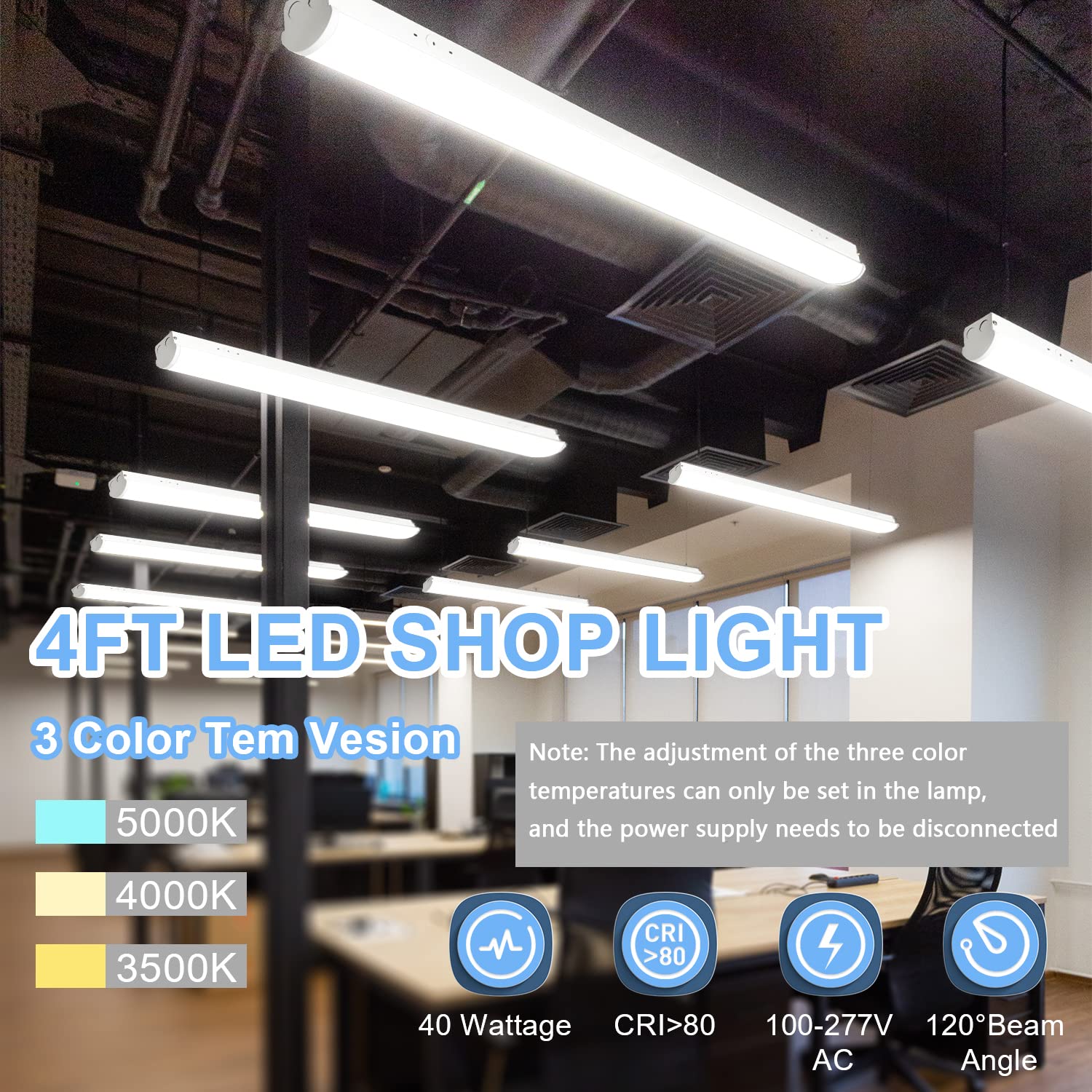 40W LED Linear Strip Light, 4FT LED Linear Shop Light, 3 Color Options 3500K/4000K/5000K, 0-10V Dimmable Surface Mount LED Ceiling Light, 5200 Lumens,DLC&ETL Listed 4 Pack