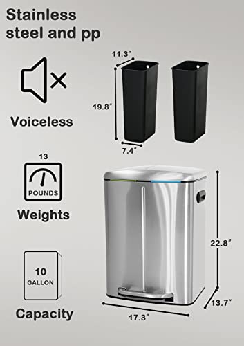 BIQWBIC 10 Gallon Dual Trash Can for Recycling and Trash, Stainless Steel Recycle Trash Can with 2 x 5 Gallon (40 L) Removable Inner Buckets, Pedal Recycling Bin for Kitchen, Soft Closure
