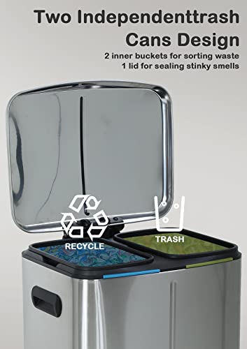 BIQWBIC 10 Gallon Dual Trash Can for Recycling and Trash, Stainless Steel Recycle Trash Can with 2 x 5 Gallon (40 L) Removable Inner Buckets, Pedal Recycling Bin for Kitchen, Soft Closure