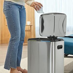 BIQWBIC 10 Gallon Dual Trash Can for Recycling and Trash, Stainless Steel Recycle Trash Can with 2 x 5 Gallon (40 L) Removable Inner Buckets, Pedal Recycling Bin for Kitchen, Soft Closure