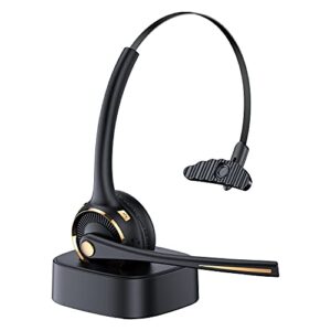 【upgraded】 bluetooth headset with microphone, trucker bluetooth headset with advanced adapter and charging base, bluetooth or usb cable connect for computer/home office/trucker/callcenter/cellphones
