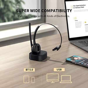 【Upgraded】 Bluetooth Headset with Microphone, Trucker Bluetooth Headset with Advanced Adapter and Charging Base, Bluetooth or USB Cable Connect for Computer/Home Office/Trucker/CallCenter/CellPhones