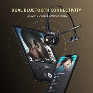 【Upgraded】 Bluetooth Headset with Microphone, Trucker Bluetooth Headset with Advanced Adapter and Charging Base, Bluetooth or USB Cable Connect for Computer/Home Office/Trucker/CallCenter/CellPhones