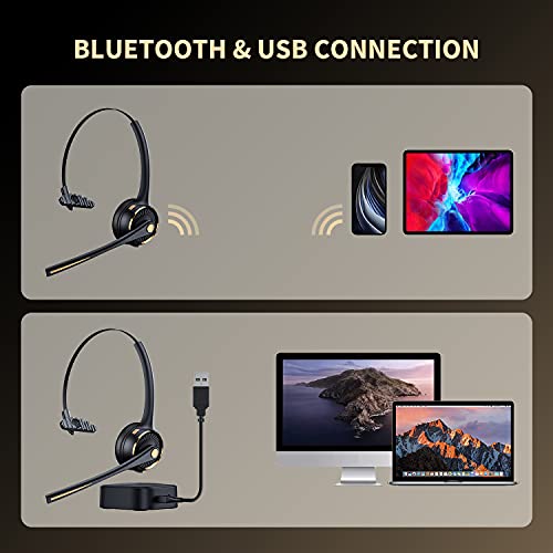 【Upgraded】 Bluetooth Headset with Microphone, Trucker Bluetooth Headset with Advanced Adapter and Charging Base, Bluetooth or USB Cable Connect for Computer/Home Office/Trucker/CallCenter/CellPhones