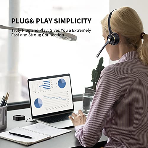 【Upgraded】 Bluetooth Headset with Microphone, Trucker Bluetooth Headset with Advanced Adapter and Charging Base, Bluetooth or USB Cable Connect for Computer/Home Office/Trucker/CallCenter/CellPhones