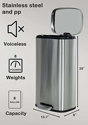 8 Gallon Kitchen Trash Can with Lid, Fingerprint-Proof Stainless Steel Trash Can Step-On Pedal Garbage Can with Removable Wastebasket for Office, Home and Kitchen, Soft Close, Recycle, 30 Liter