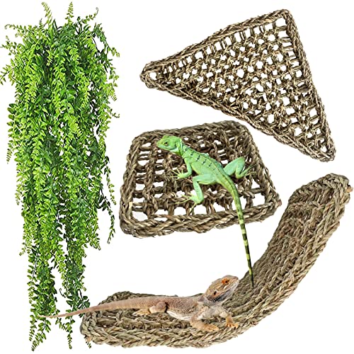 MUYG Reptile Hammock,Large Lizard Lounger,Bearded Dragon Tank Accessories Natural Seagrass Hammocks Hanging Flexible Climbing Vines Decoration for Gecko Snakes Chameleon(4 PCS)