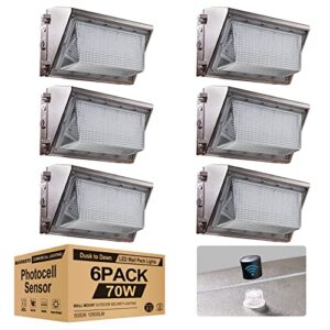 bulbeats 6 pack 70w led wall pack lights with dusk to dawn photocell, 5000k daylight ip65 waterproof wall mount outdoor security lighting fixture for garage, energy saving upto 2600kw*6/5yrs(5hrs/day)