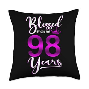 blessed by god 98th men women vintage birthday tee vintage blessed by god for 98 years old happy 98th birthday throw pillow, 18x18, multicolor