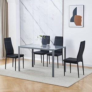 belifeglory modern 5 pieces black dining table with chairs for 4 people glass tempered dining table and kitchen chairs set of 4 checker pattern faux leather for small apartment home