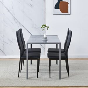 BELIFEGLORY Modern 5 Pieces Black Dining Table with Chairs for 4 People Glass Tempered Dining Table and Kitchen Chairs Set of 4 Checker Pattern Faux Leather for Small Apartment Home