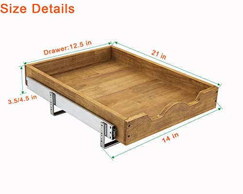 DINDON 1 Tier Pull Out Cabinet Organizer (14" W x 21" D) Single Tier Heavy Duty Sliding Wood Drawer Under Cabinet Shelf Organization Storage