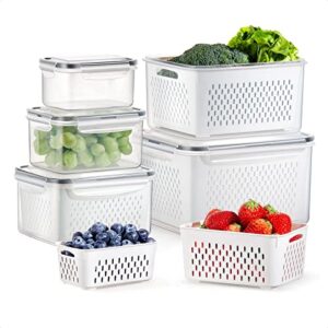 cocoya 5-pack large fruit containers for fridge, leakproof produce storage keeper with removable colander food grade bpa free keep vegetables berry veggies lettuce apple banana meat food fresh longer