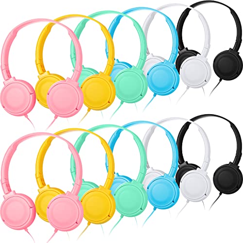 12 Pack Kids Headphones Bulk Classroom Headphones with Microphone 3.5 mm Jack Stereo Headphones Multi Color Headsets Adjustable Wired on Ear Headphones for Kids Adults School Classroom Library