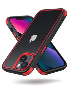 mobnano crystal clear case for iphone 14 & iphone 13, with multicolor protective shockproof bumpers [not yellowing] slim hard pc back cover for men women (black/red)