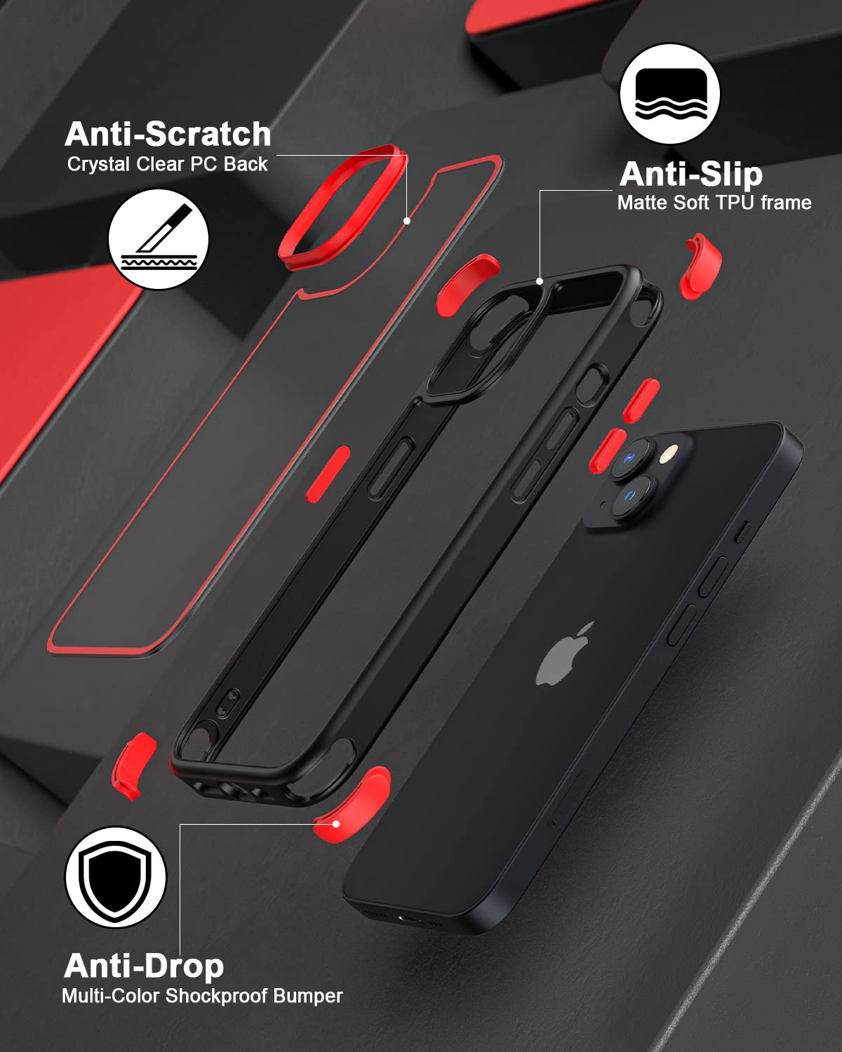 Mobnano Crystal Clear Case for iPhone 14 & iPhone 13, with Multicolor Protective Shockproof Bumpers [Not Yellowing] Slim Hard PC Back Cover for Men Women (Black/Red)