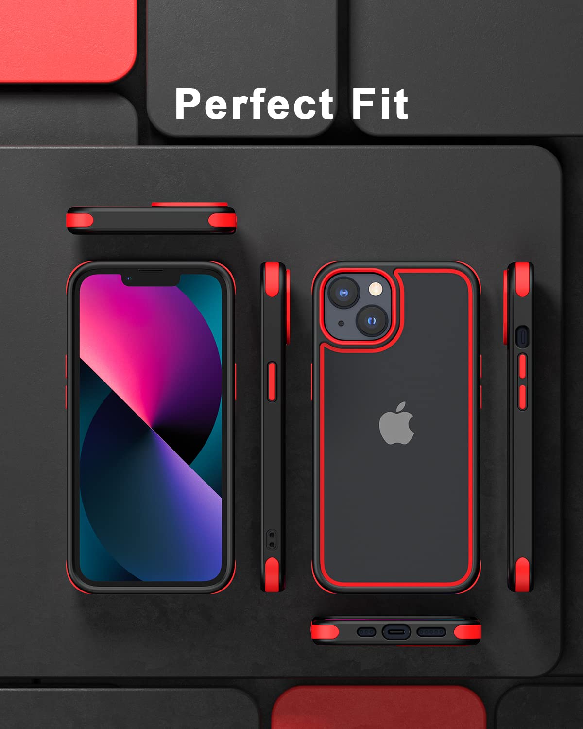 Mobnano Crystal Clear Case for iPhone 14 & iPhone 13, with Multicolor Protective Shockproof Bumpers [Not Yellowing] Slim Hard PC Back Cover for Men Women (Black/Red)