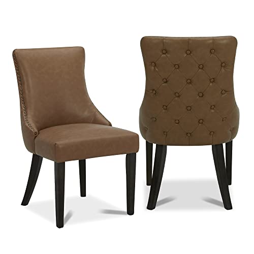 Watson & Whitely Upholstered Tufted Dining Chairs with High Back, Faux Leather Finish and Solid Wood Legs in Brushed Espresso, Set of 2, Saddle Brown