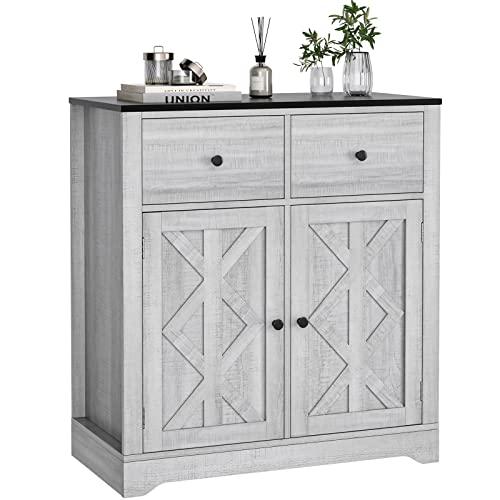 FOTOSOK Kitchen Cabinet with 2 Doors and 2 Drawers, Farmhouse Buffet Cabinet with Adjustable Shelves, Storage Cabinet Coffee Bar for Kitchen Entryway Living Room, Grey