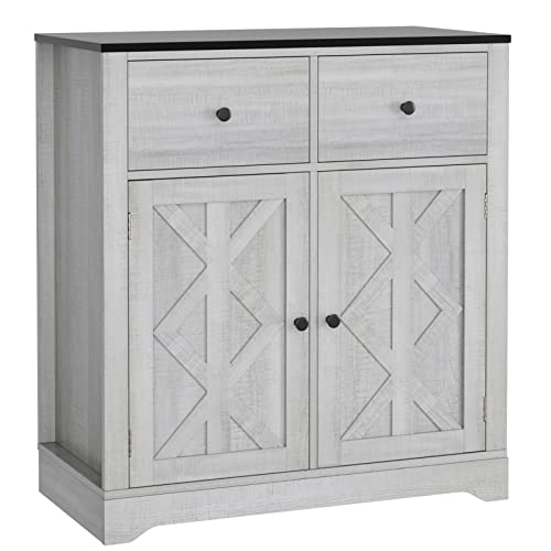 FOTOSOK Kitchen Cabinet with 2 Doors and 2 Drawers, Farmhouse Buffet Cabinet with Adjustable Shelves, Storage Cabinet Coffee Bar for Kitchen Entryway Living Room, Grey