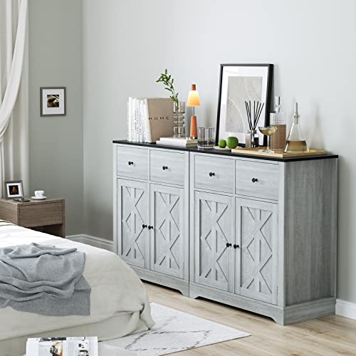 FOTOSOK Kitchen Cabinet with 2 Doors and 2 Drawers, Farmhouse Buffet Cabinet with Adjustable Shelves, Storage Cabinet Coffee Bar for Kitchen Entryway Living Room, Grey