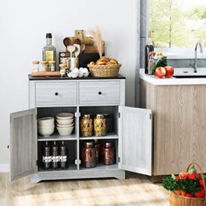 FOTOSOK Kitchen Cabinet with 2 Doors and 2 Drawers, Farmhouse Buffet Cabinet with Adjustable Shelves, Storage Cabinet Coffee Bar for Kitchen Entryway Living Room, Grey