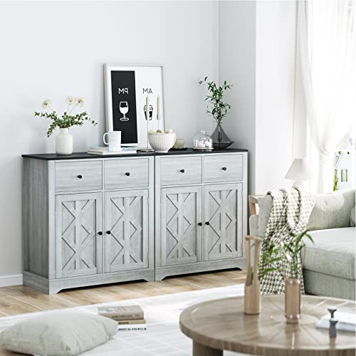 FOTOSOK Kitchen Cabinet with 2 Doors and 2 Drawers, Farmhouse Buffet Cabinet with Adjustable Shelves, Storage Cabinet Coffee Bar for Kitchen Entryway Living Room, Grey