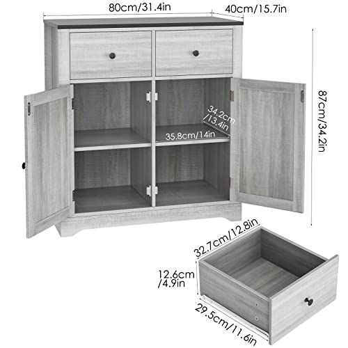 FOTOSOK Kitchen Cabinet with 2 Doors and 2 Drawers, Farmhouse Buffet Cabinet with Adjustable Shelves, Storage Cabinet Coffee Bar for Kitchen Entryway Living Room, Grey