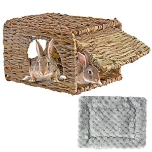 abnaok extra large grass house for rabbits with cotton pads, natural grass foldable hut small animal play hideaway bed toys hay mat for bunny guinea pig chinchilla ferret