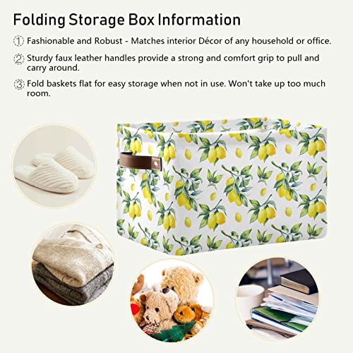ALAZA Lemon Leaves Watercolor Summer Large Storage Basket with Handles Foldable Decorative 1 Pack Storage Bin Box for Organizing Living Room Shelves Office Closet Clothes