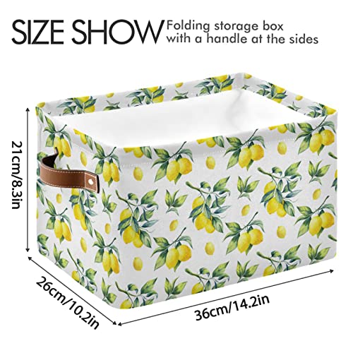 ALAZA Lemon Leaves Watercolor Summer Large Storage Basket with Handles Foldable Decorative 1 Pack Storage Bin Box for Organizing Living Room Shelves Office Closet Clothes