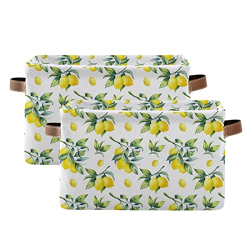 ALAZA Lemon Leaves Watercolor Summer Large Storage Basket with Handles Foldable Decorative 1 Pack Storage Bin Box for Organizing Living Room Shelves Office Closet Clothes