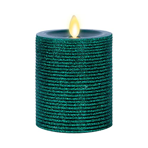 Luminara Realistic Artificial Flame Horizontal Green Metallic Glitter Candle (3 x 4.5-inch) Moving Flame LED Battery Operated Lights - Unscented - Remote Sold Separately