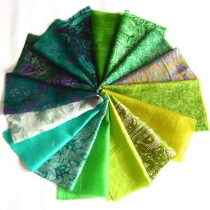 40 qty 10"x10" lot 100% pure silk print vintage sari fabric remnants, scrap bundle, precut fabric squares for craft patchwork (green-aqua-teal shades)