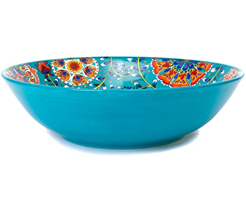 MICROWAVE SAFE Holiday Christmas DInner Ceramic Large Serving Bowl Pasta Bowl Fruit Bowl Salad Bowl Party Holiday Bohemian Talavera Spanish Influenced Design (Turquoise)