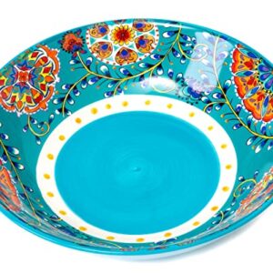 MICROWAVE SAFE Holiday Christmas DInner Ceramic Large Serving Bowl Pasta Bowl Fruit Bowl Salad Bowl Party Holiday Bohemian Talavera Spanish Influenced Design (Turquoise)