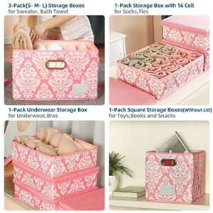 SEEKIND Storage Box, Decorative Storage Bins with Lid,6 in 1 Set,with Handles,Foldable for Space Saving Storage Boxes,for Bras，Clothes, Cosmetic,Blankets (Pink) …