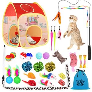 34pcs cat toys kitten toys,interactive cat toys set with collapsible cat tunnels tent for indoor cats,retractable cat wand toys catnip toys cat feather teaser fluffy mouse crinkle balls for cat,kitty