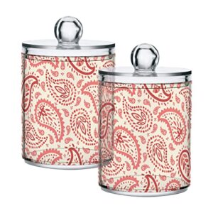 fustylead 2 pack traditional coral color paisley plastic apothecary jar set for bathroom storage, qtip holder dispensers for cotton ball, swab, round pads, floss